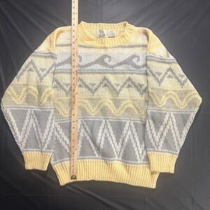 Vintage Together! Geometric Wave Knit Sweater Missy Yellow Gray Retro 80s 90s